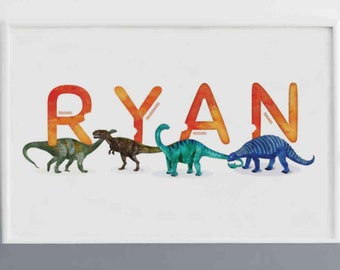 Ryan Watercolour Dinosaurs Printable, Horizontal Name Poster, Personalised Name Decor, Dinosaur Illustration Boy room Decor, Name Print