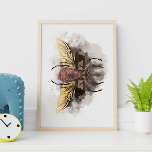 Atlas beetle Watercolor Illustration, Beetle Nursery Wall Art, Colorful Bug Painting, kids room wall decor, Vertical print, Toddler Playroom