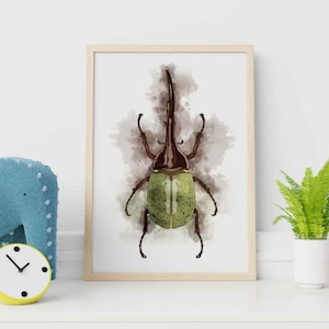 Dynastes Hercules beetle Watercolor Illustration, Nursery Wall Art, Colorful Bug Painting, kids room decor, Vertical print, Toddler Playroom
