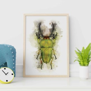 Stag beetle Watercolor Illustration, Beetle Nursery Wall Art, Colorful Bug Painting, kids room wall decor, Vertical print, Toddler Playroom