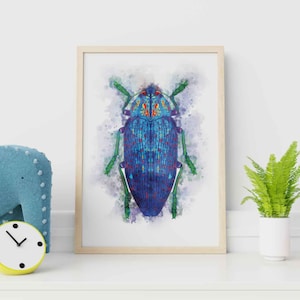 Buprestidae Jewel beetle Watercolor Illustration, Beetle Nursery Art, Colorful Bug, kids room wall decor, Vertical print, Toddler Playroom