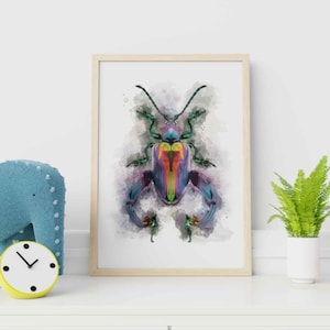 Sagra Buqueti beetle Watercolor Illustration, Insect Nursery Wall Art, Bug Painting, kids room wall decor, Vertical print, Toddler Playroom
