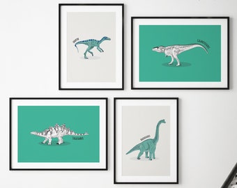 Set of 4 Turquoise Dinosaur Prints, Dinosaur Nursery Illustration, Kids Dinosaur wall Art, Boy Room Decor, Kids room Decor, Blue Printable