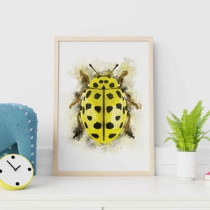 Yellow Ladybug Watercolor Illustration, Beetle Nursery Wall Art, Colorful Bug Painting, kids room decor, Vertical print, Toddler Playroom