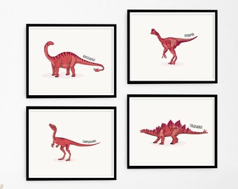 Set of 4 Red Dinosaur Prints, Dinosaur Nursery Illustration, Kids Dinosaur wall Art, Boy Room Decor, Kids room Decor, Dinosaur Printable