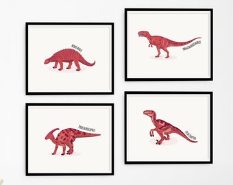 Set of 4 Red Dinosaur Prints, Dinosaur Nursery Illustration, Kids Dinosaur wall Art, Boy Room Decor, Kids room Decor, Dinosaur Printable