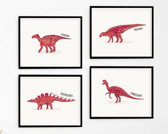 Set of 4 Red Dinosaur Prints, Dinosaur Nursery Illustration, Kids Dinosaur wall Art, Boy Room Decor, Kids room Decor, Dinosaur Printable