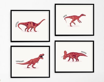 Set of 4 Red Dinosaur Prints, Dinosaur Nursery Illustration, Kids Dinosaur wall Art, Boy Room Decor, Kids room Decor, Dinosaur Printable