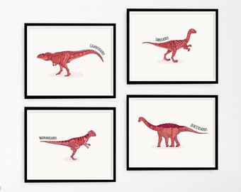 Set of 4 Red Dinosaur Prints, Dinosaur Nursery Illustration, Kids Dinosaur wall Art, Boy Room Decor, Kids room Decor, Dinosaur Printable