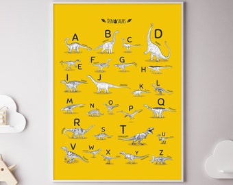 Alphabet Dinosaurs Print, Portrait ABC Poster, Nursery Alphabet Yellow wall Art, Classroom Decor, Dinosaurs Boy Bedroom Wall Art, Printable