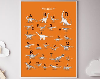 Dinosaurs Alphabet Orange Print, Horizontal, ABC Poster, Nursery Alphabet Art, Classroom Decor, Dinosaurs Boy Bedroom Wall Art, Printable