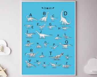 Blue Alphabet Dinosaurs Print, Portrait ABC Poster, Nursery Alphabet Wall Art, Classroom Decor, Dinosaurs Boy Bedroom Wall Art, Printable