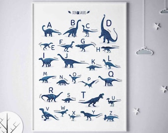 Alphabet Dinosaurs Navy Print, Portrait ABC Poster, Nursery Alphabet Blue Wall Art, playroom Printable wall art, Dinosaurs Boy Bedroom Decor