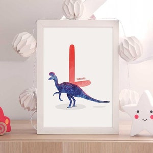 Carta L, Ilustración de dinosaurio sorvaina lambeosaurus, arte de la pared del dinosaurio del alfabeto, decoración de la habitación de los niños, impresión vertical del dinosaurio ABC, guardería, imprimible