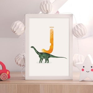 Carta J, Ilustración de dinosaurio Janenschia, Arte de la pared del dinosaurio del alfabeto, decoración de la habitación de los niños, impresión vertical del dinosaurio ABC, arte de la guardería, imprimible