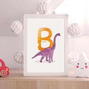 Letra B, ilustración de dinosaurio Brachiosaurus, arte mural de dinosaurios con el alfabeto, decoración de habitación infantil, impresión vertical de dinosaurios ABC, guardería, imprimible