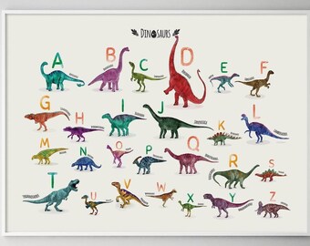 Watercolor Alphabet Print, Alphabet Dinosaur , Horizontal, ABC Poster, Nursery Alphabet, Classroom Decor, Dinosaurs Boy Bedroom, Printable