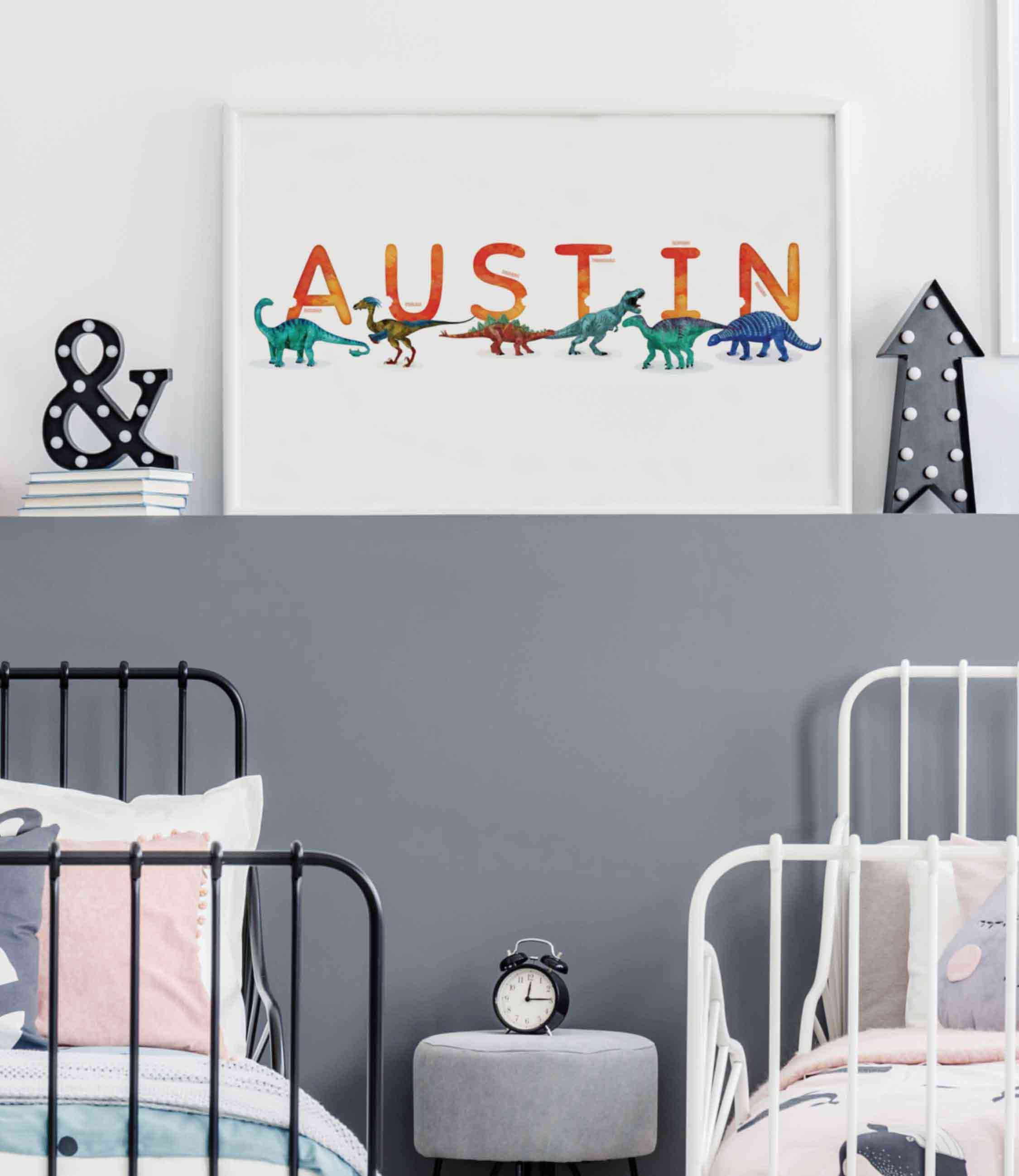 Austin Watercolour Dinosaurs Printable, Horizontal Name Poster, Personalised Name Decor, Dinosaur Illustration Boy room Wall Art, Name Print