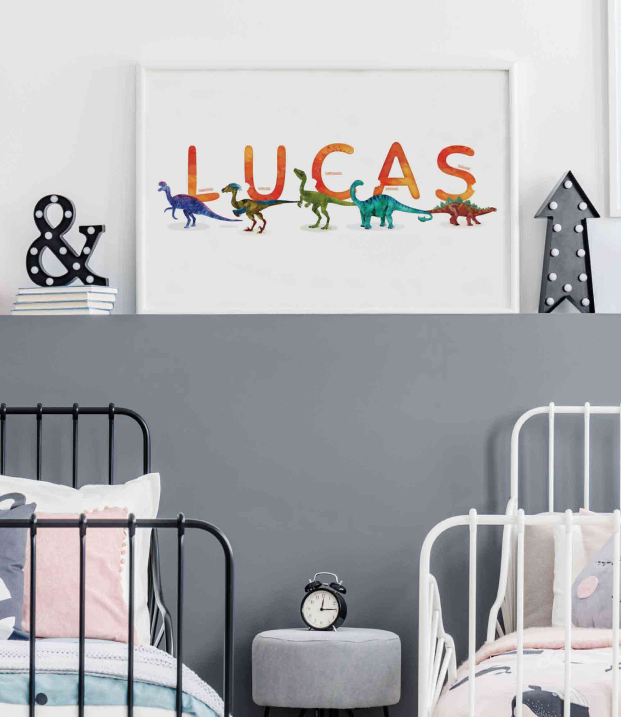 Lucas Watercolour Dinosaurs Printable, Horizontal Name Poster, Personalised Name Decor, Dinosaur Illustration Boy room Wall Art, Name Print