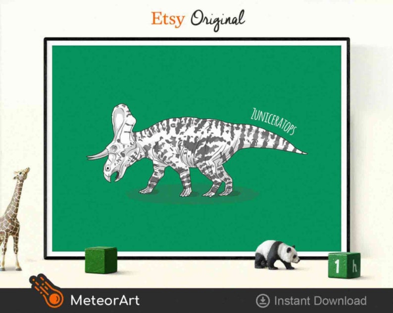 Zuniceratops Dinosaur Print, Dinosaur Nursery Illustration, Kids Dinosaur wall Art, Boy Room Wall Decor, Kids room Decor, Dinosaur Alphabet image 1