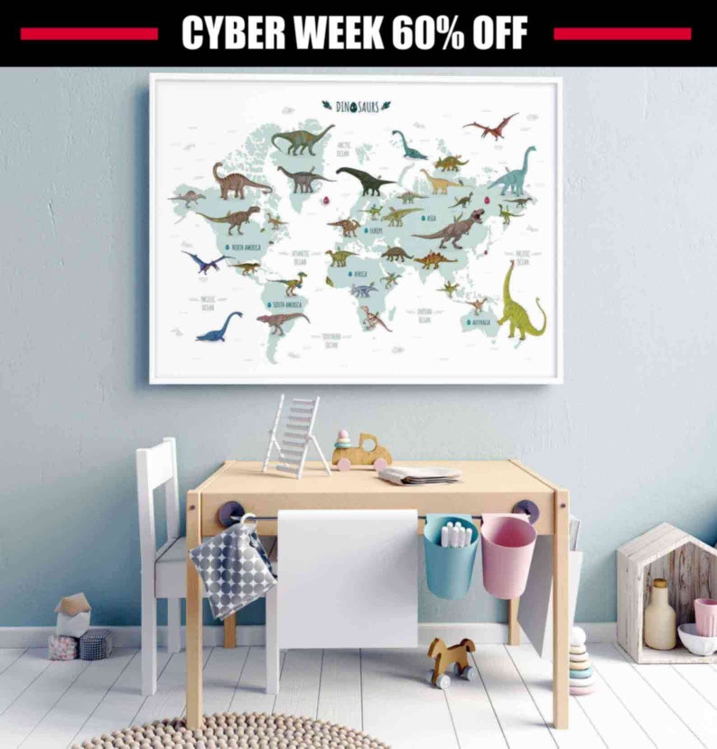dinosaur world map printable illustration horizontal