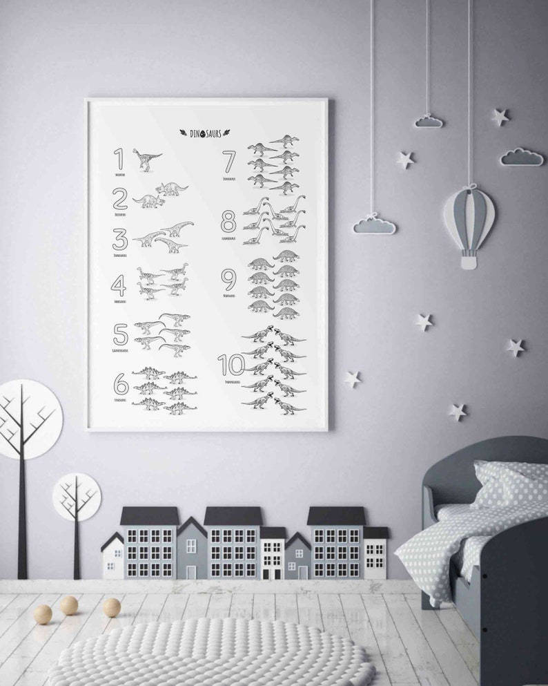 Vertical 123 Poster Educational Classroom Decor count to 10 art DIY dinosaur numbers print playroom Wall Art Printable number