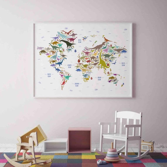 Dinosaur World Map Printable Illustration Horizontal Jurassic - Etsy