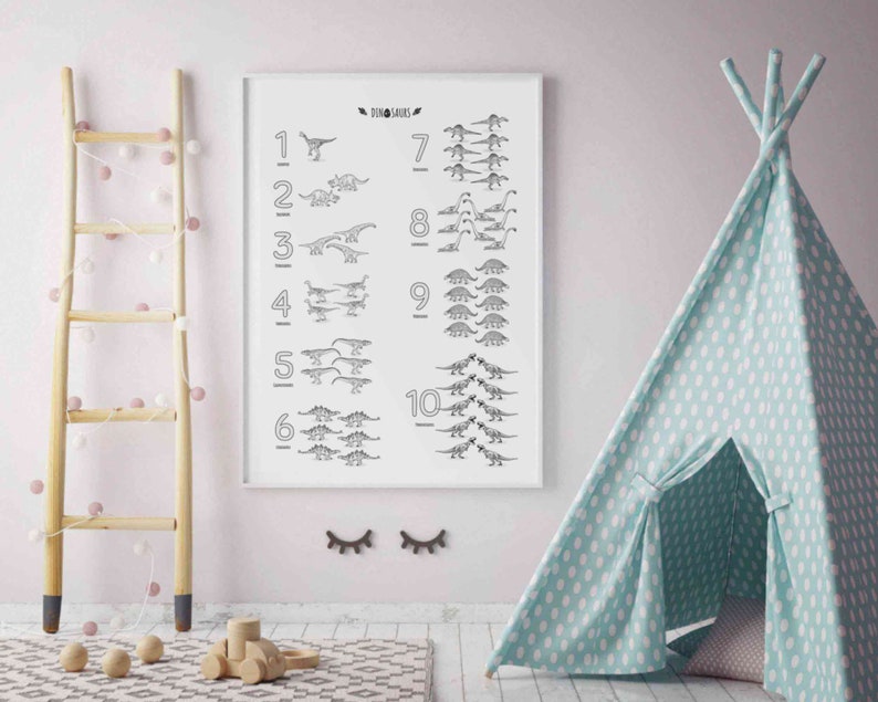 Vertical 123 Poster Educational Classroom Decor count to 10 art DIY dinosaur numbers print playroom Wall Art Printable number