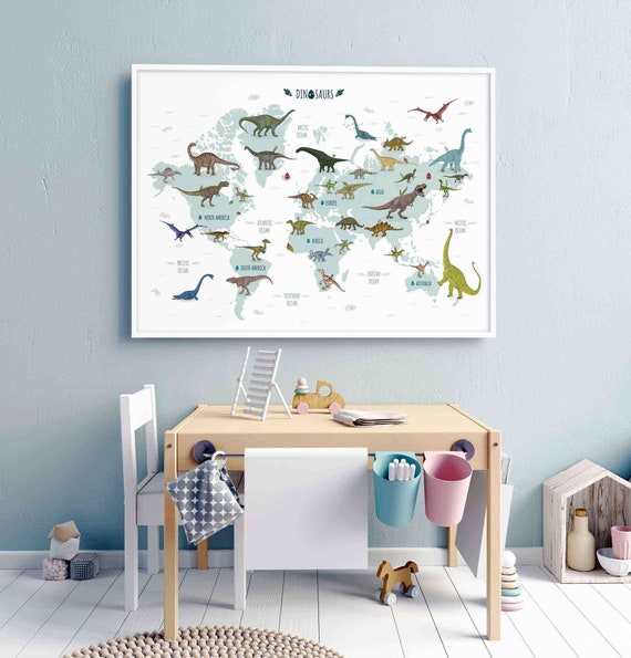 Dinosaur world map Printable Illustration Horizontal jurassic | Etsy
