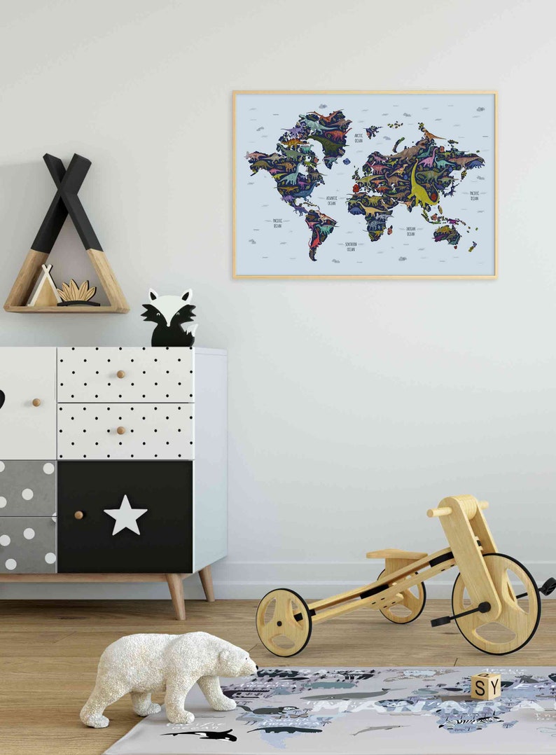 Dinosaurs World Map Printable Illustration Horizontal - Etsy