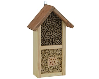 Kleines Insektenhotel aus Holz - für Wildbienen - Balkon, Garten, Insektenhaus, zum Aufhängen (mit Pappröhrchen & Schilf)