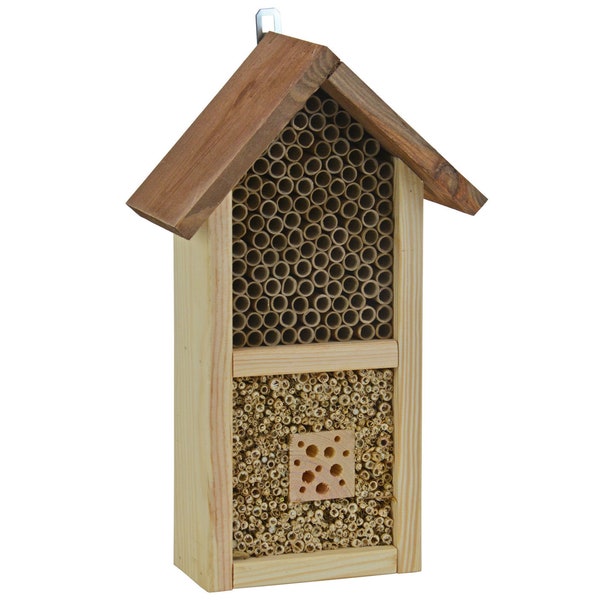 Kleines Insektenhotel aus Holz - für Wildbienen - Balkon, Garten, Insektenhaus, zum Aufhängen (mit Pappröhrchen & Schilf)