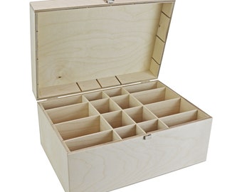 Boîte en bois avec couvercle à charnière & 16 compartiments (356 x 247 x 168 mm L/L/H extérieur) - caisse - boîte - coffret - caisse en bois - coffre - boîte de tri - B-stock