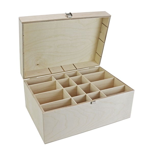 Holzbox mit Klappdeckel & 16 Fächer (356 x 247 x 168 mm L/B/H Außen) - Kiste - Box - Schatulle - Holzkiste - Truhe - Sortierbox - B-Ware