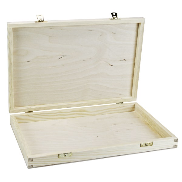 Flache Holzbox mit Klappdeckel (330 x 215 x 35 mm L/B/H Innen) - Kiste - Box - Schatulle - Holzkiste - Kästchen - Truhe