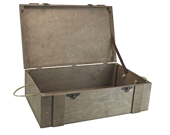 Grand coffre en bois avec 2 cordes de suspension (545 x 345 x 175 mm L/L/H, extérieur) - caisse en bois - caisse - coffre - valise - coffre au trésor - caisse de transport