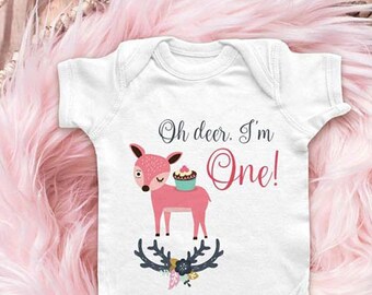 Oh deer I'm One First birthday Girl Design deer birthday cake boho Baby Bodysuit Infant Shirt Two Second birthday
