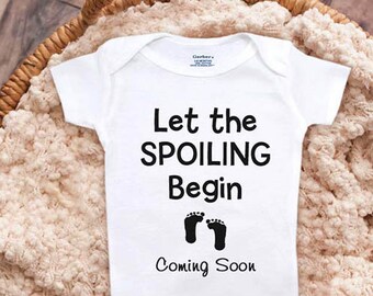 Baby onesie pregnancy announcement surprise reveal Let the Spoiling Begin Coming Soon boho daddy Grandma Grandpa