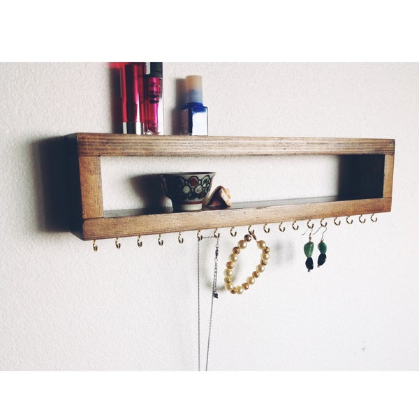 Ready to ship! CLOSEOUT SALE! Wall Mounted Jewelry Organizer with Shelf and hooks , Necklace and earring display, Wall Jewelry Holder  shelf
