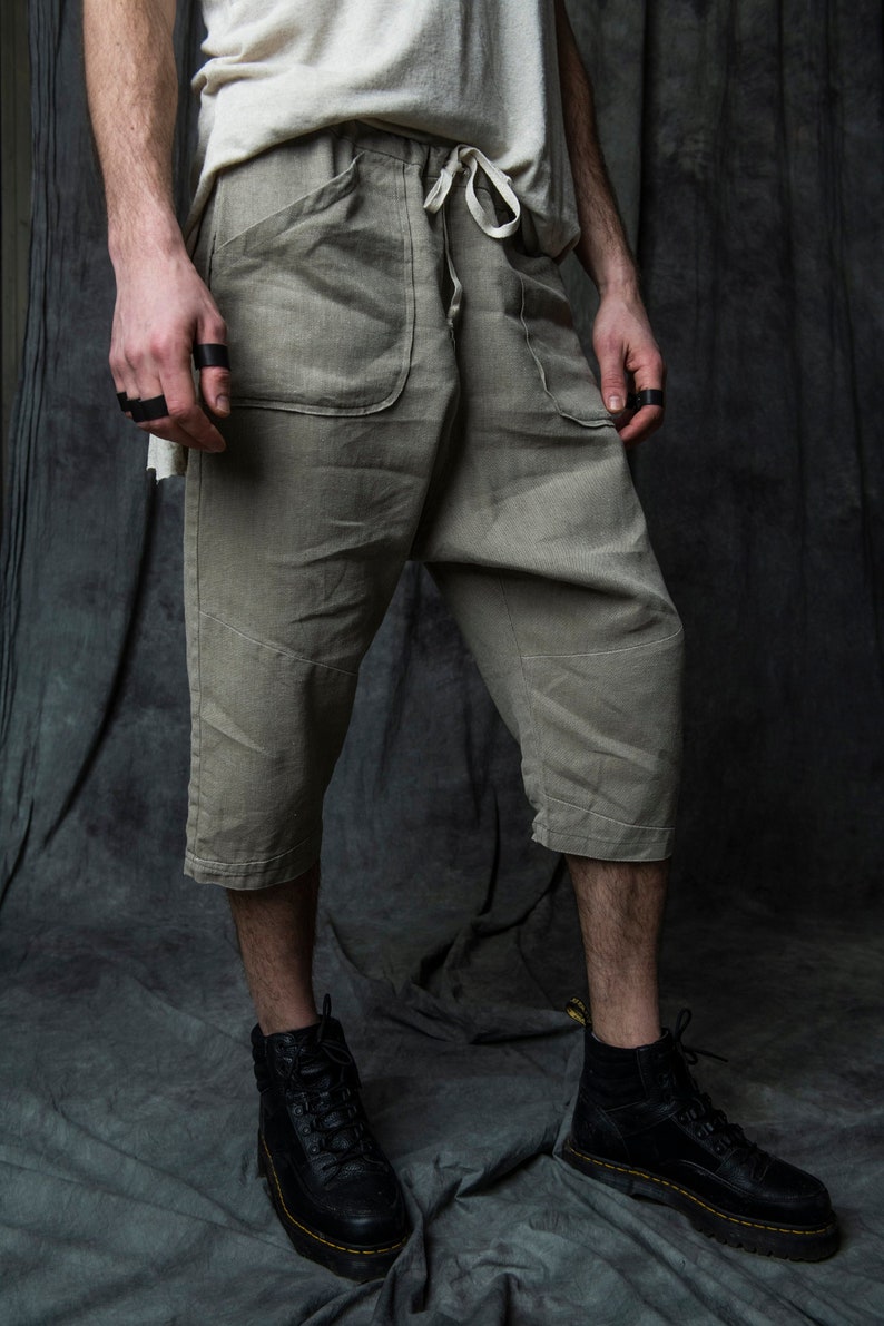 Men Beige Linen Harem Pants Loose baggy pants Capri Shorts | Etsy