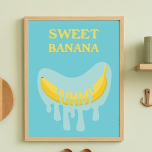 Fruchtiges Bananen-Pop-Art-Dekoposter – Druckbares digitales Poster einer modernen, lustigen und vitaminreichen bunten Küche – Digitaler Download im Retro-Stil