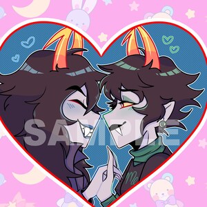 May include: Two cartoon characters with green and blue skin tones, wearing black and green clothing, are shown in a heart-shaped frame. They are smiling and looking at each other. The background is pink with a pattern of stars, hearts, and other cute designs.