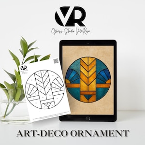 May include: An Art Deco ornament design displayed on a tablet and a printed template. The digital design features a circular pattern with teal, gold, and blue hues. The printed template is black and white with numbered sections.