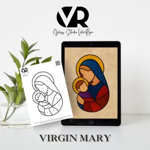 May include: A digital tablet displays a stained-glass style image of the Virgin Mary and baby Jesus. A printed line drawing of the same image is next to the tablet. The text "VIRGIN MARY" is at the bottom of the image.