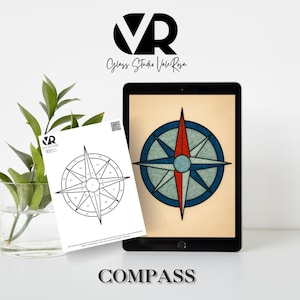 Op de afbeelding: Digitale illustratie van een kompasroos in blauw, rood en teal op een tablet. Een gedrukte kompasroos is ook zichtbaar. Het woord "COMPASS" staat onderaan.