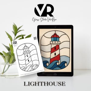May include: A digital illustration of a lighthouse with red and white stripes, a blue roof, and blue waves. The image is displayed on a tablet and a printed sheet. The text "LIGHTHOUSE" is at the bottom.