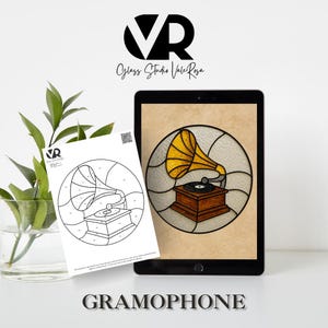 May include: A digital illustration of a gramophone in a stained glass style, displayed on a tablet. A printed color-by-number gramophone design is also visible. The word "GRAMOPHONE" is printed in a bold font at the bottom of the image.