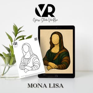 May include: A digital tablet displays a stylized Mona Lisa painting in green, brown, and beige. A printed outline of the same image sits next to the tablet. The text "MONA LISA" is below the tablet.