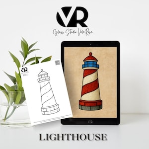May include: A digital illustration of a lighthouse with red and white stripes, a blue top, and a red roof, displayed on a tablet. A black and white line drawing of the same lighthouse is on a paper. The word "LIGHTHOUSE" is at the bottom.