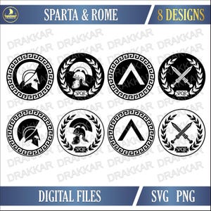 Puede incluir: Un diseño digital con ocho emblemas circulares en blanco y negro. Cada emblema presenta elementos como cascos, espadas y la letra griega lambda, rodeados de coronas de laurel y bordes de grecas. El texto "SPARTA & ROME" y "8 DESIGNS" también están presentes.